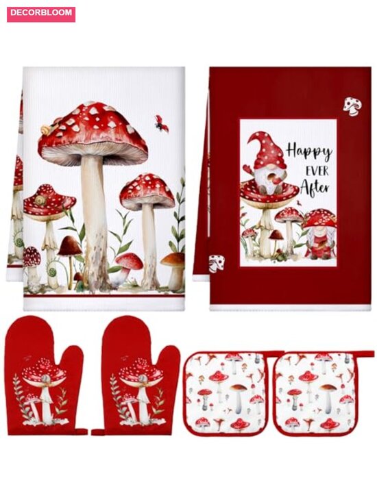 Other - 6-Piece Mushroom Kitchen Towel Set with Oven Mitts and Pot Holders